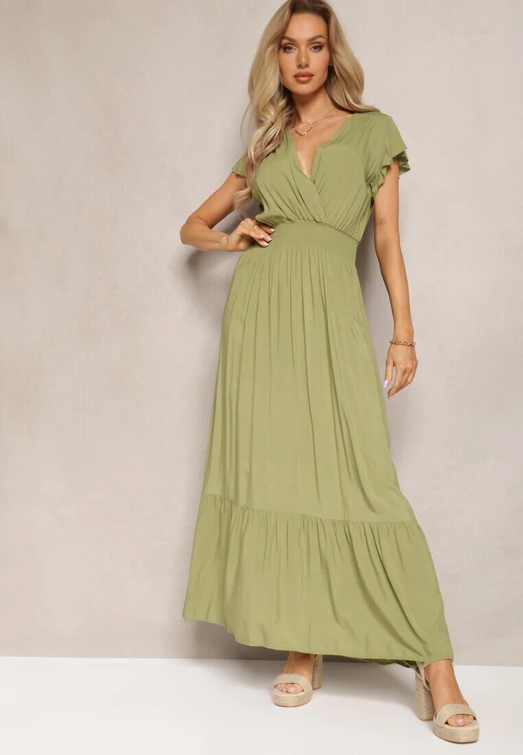 airisa Rochie Verde Evazată Maxi din Bumbac cu Croială Petrecută Asmerie