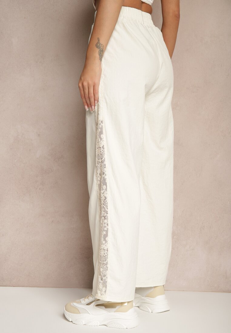 alina Pantaloni Largi Bej deschis din bumbac High Waist Decorați cu dantelă Efandiela