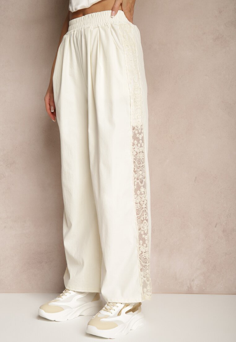 alina Pantaloni Largi Bej deschis din bumbac High Waist Decorați cu dantelă Efandiela