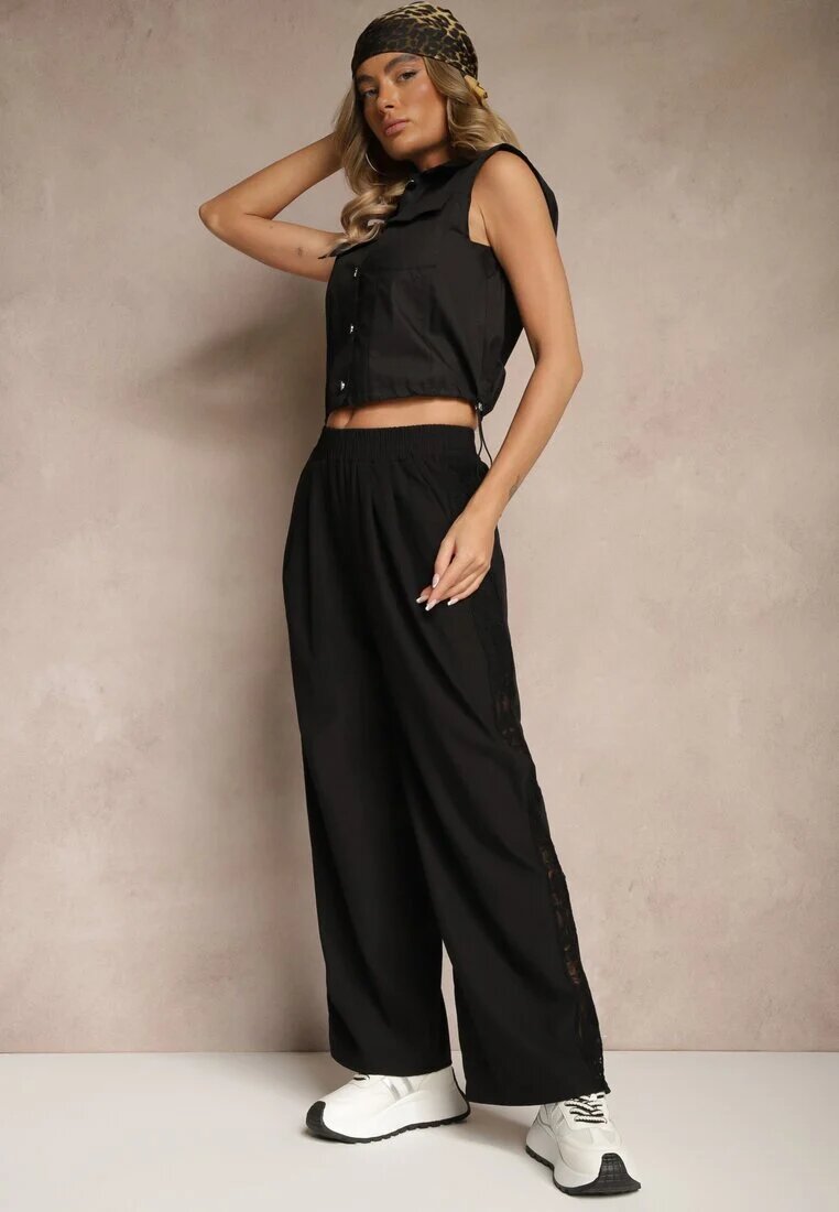 alina Pantaloni Largi Negri din Bumbac High Waist Decorați cu Dantelă Efandiela