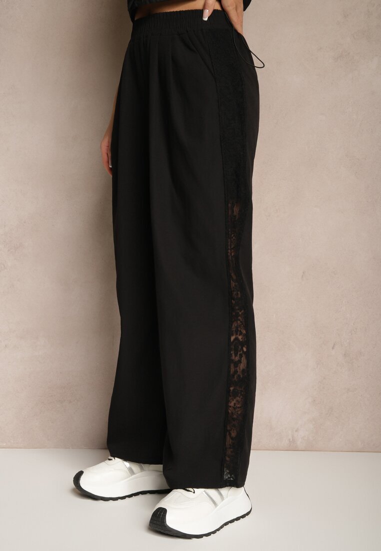 alina Pantaloni Largi Negri din Bumbac High Waist Decorați cu Dantelă Efandiela