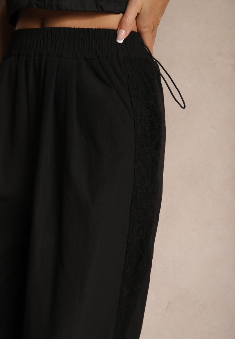 alina Pantaloni Largi Negri din Bumbac High Waist Decorați cu Dantelă Efandiela