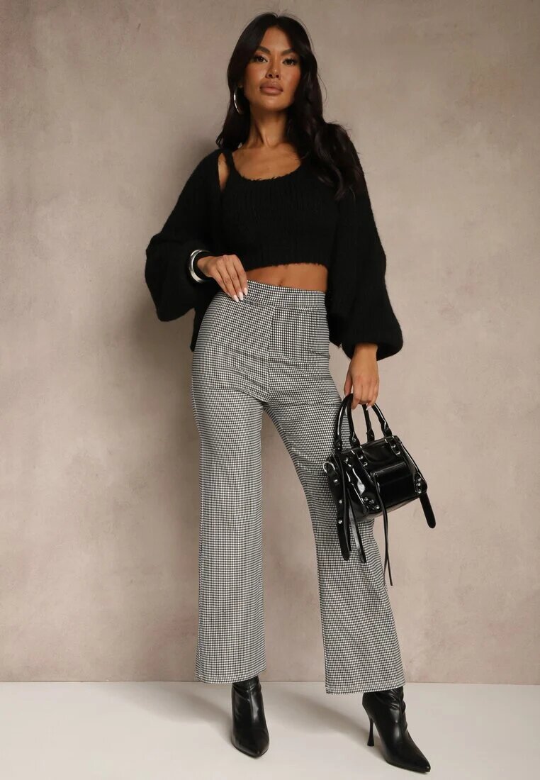 alina Pantaloni Negru-Alb din Bumbac cu Croială Largă Talie Înaltă cu Model în Carouri Alimuna