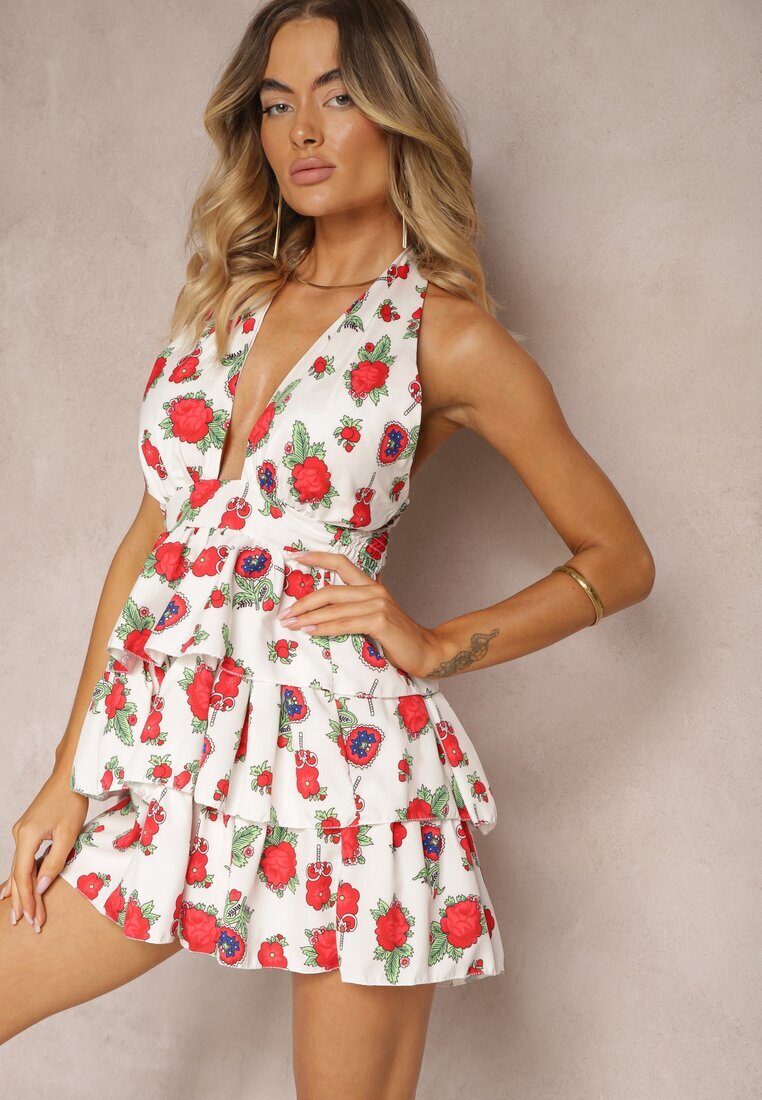 allyson Alb-Roșie Rochie cu Volane și Legare la Gât cu Model Floral Wirivia