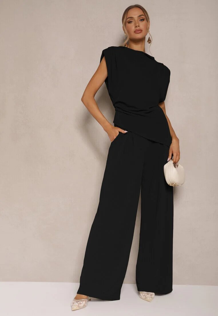allyson Ansamblu Negru Bluză cu Perne pe Umeri și Pantaloni Drepți cu Elastic în Talie Divanes