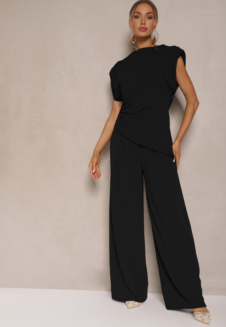 allyson Ansamblu Negru Bluză cu Perne pe Umeri și Pantaloni Drepți cu Elastic în Talie Divanes