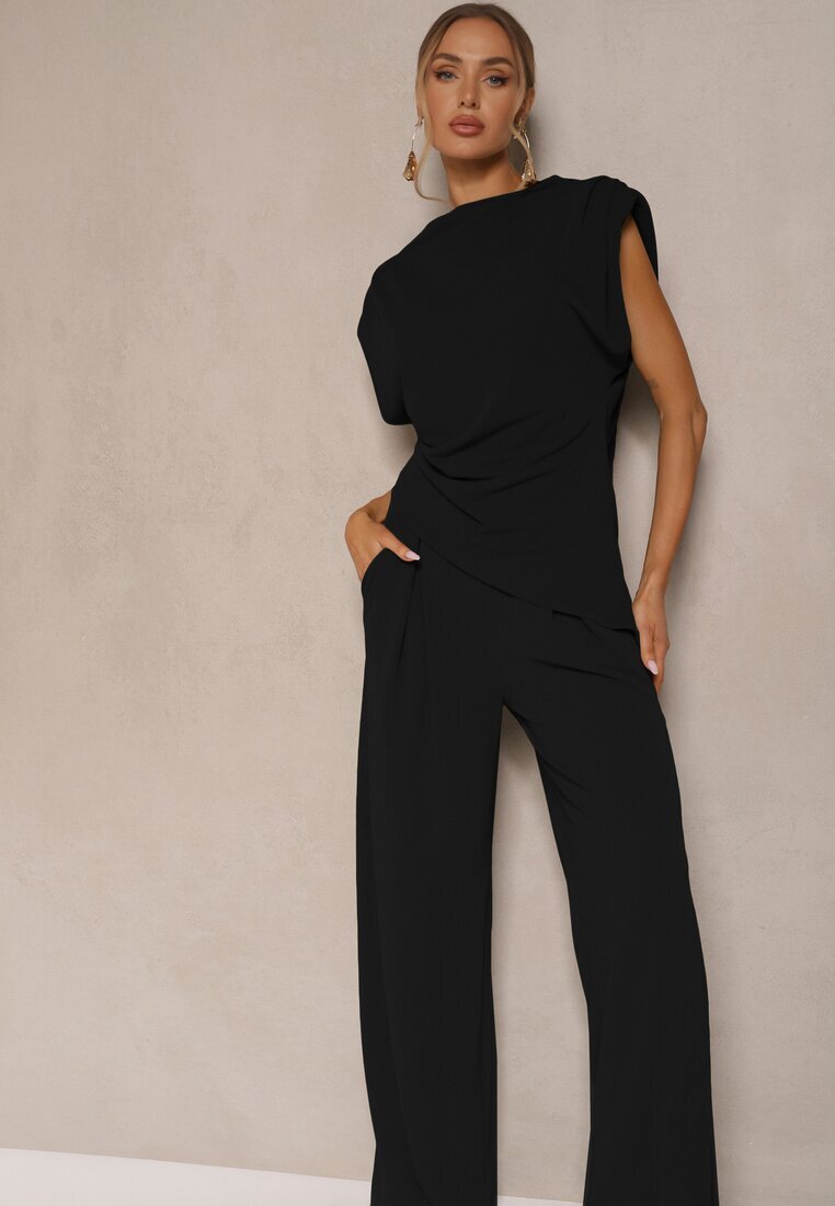 allyson Ansamblu Negru Bluză cu Perne pe Umeri și Pantaloni Drepți cu Elastic în Talie Divanes