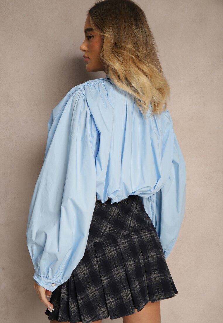 allyson Cămașă Bufantă Albastră din Bumbac în Stil Retro cu Fundă Decorativă Frulla
