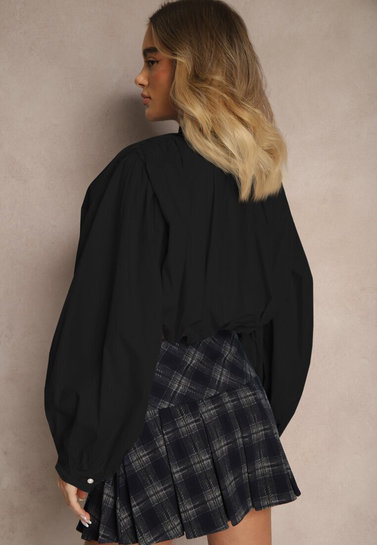 allyson Cămașă Neagră Bufiasta din Bumbac în Stil Retro cu Fundă Decorativă Frulla