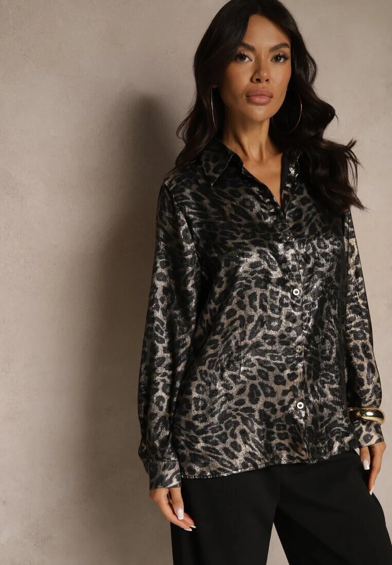 allyson Cămașă Neagră Casual cu imprimeu leopard Ninetia
