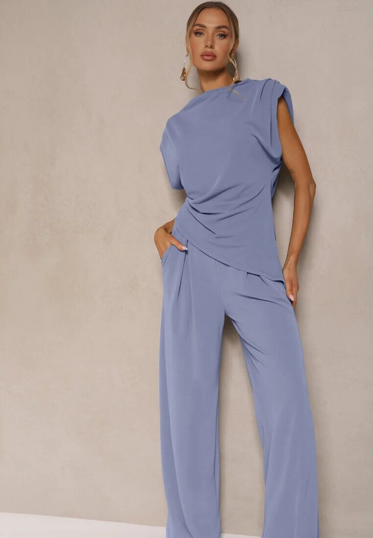 allyson Compleu Albastru Bluză cu Umeri Întăriți și Pantaloni Drepți cu Elastic în Talie Divanes