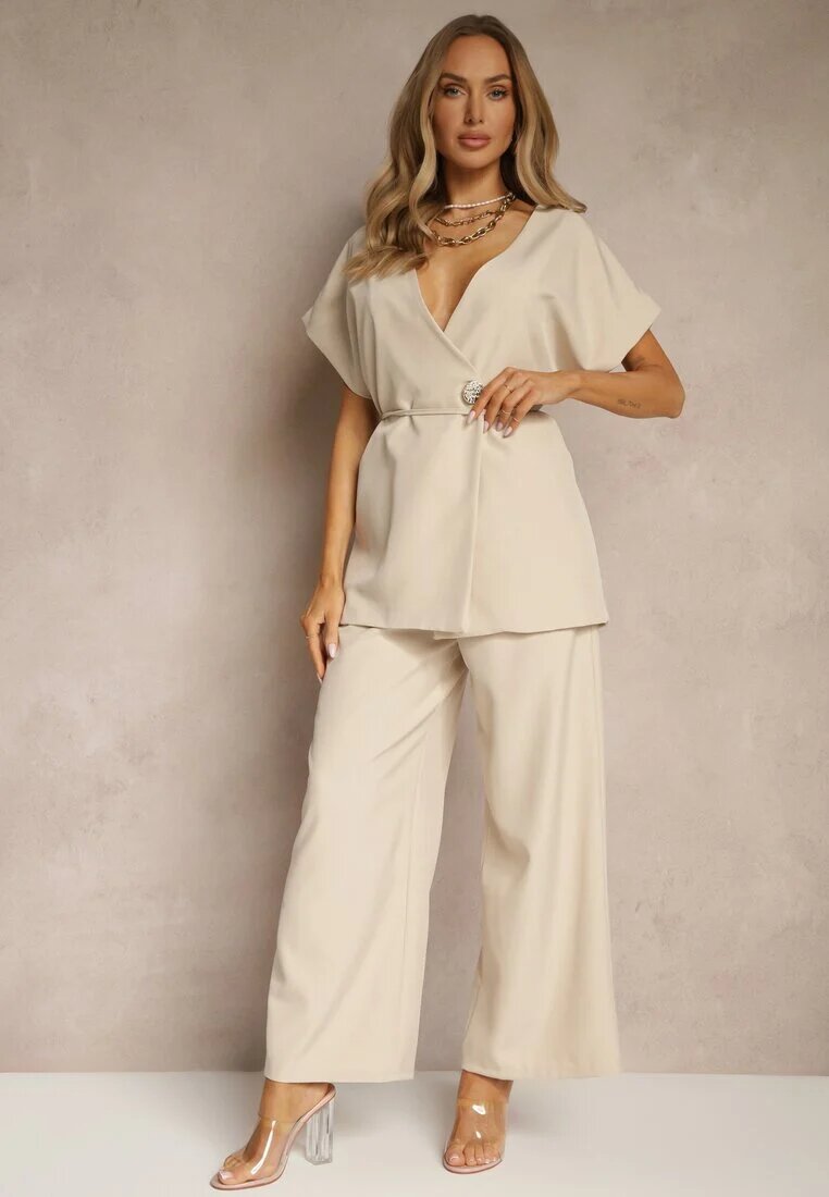 allyson Compleu de costum Bej cu Pantaloni Largi și Sacou cu curea Solsedi