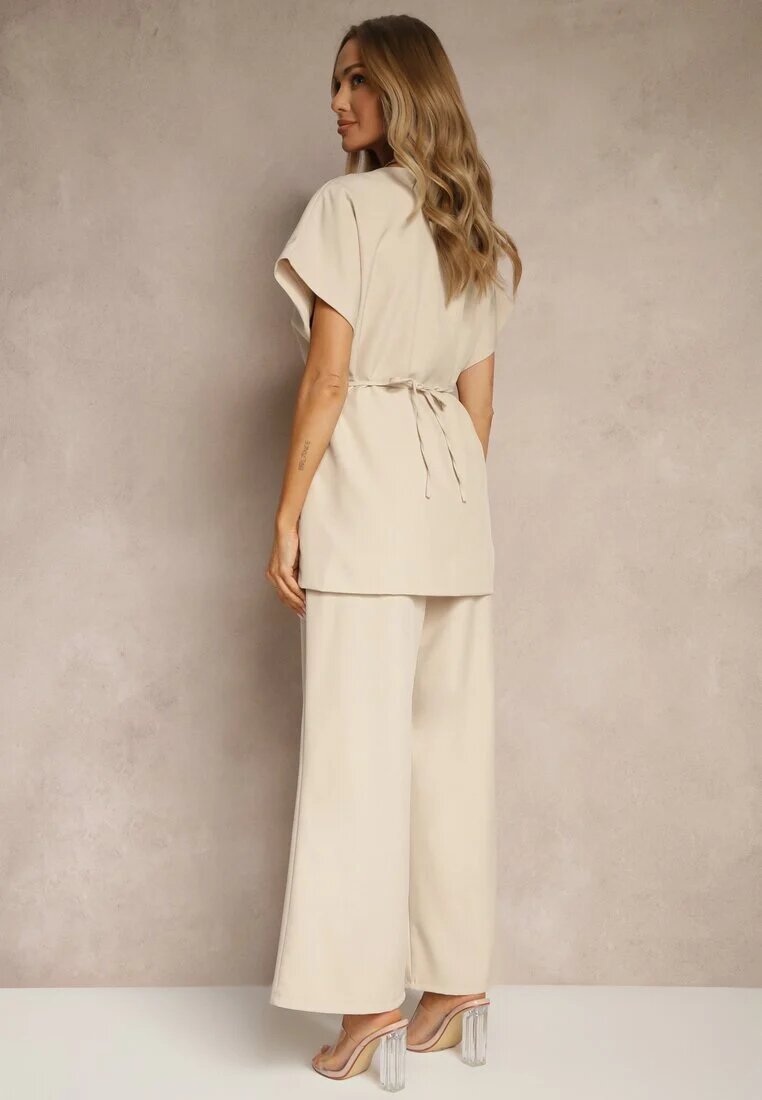 allyson Compleu de costum Bej cu Pantaloni Largi și Sacou cu curea Solsedi