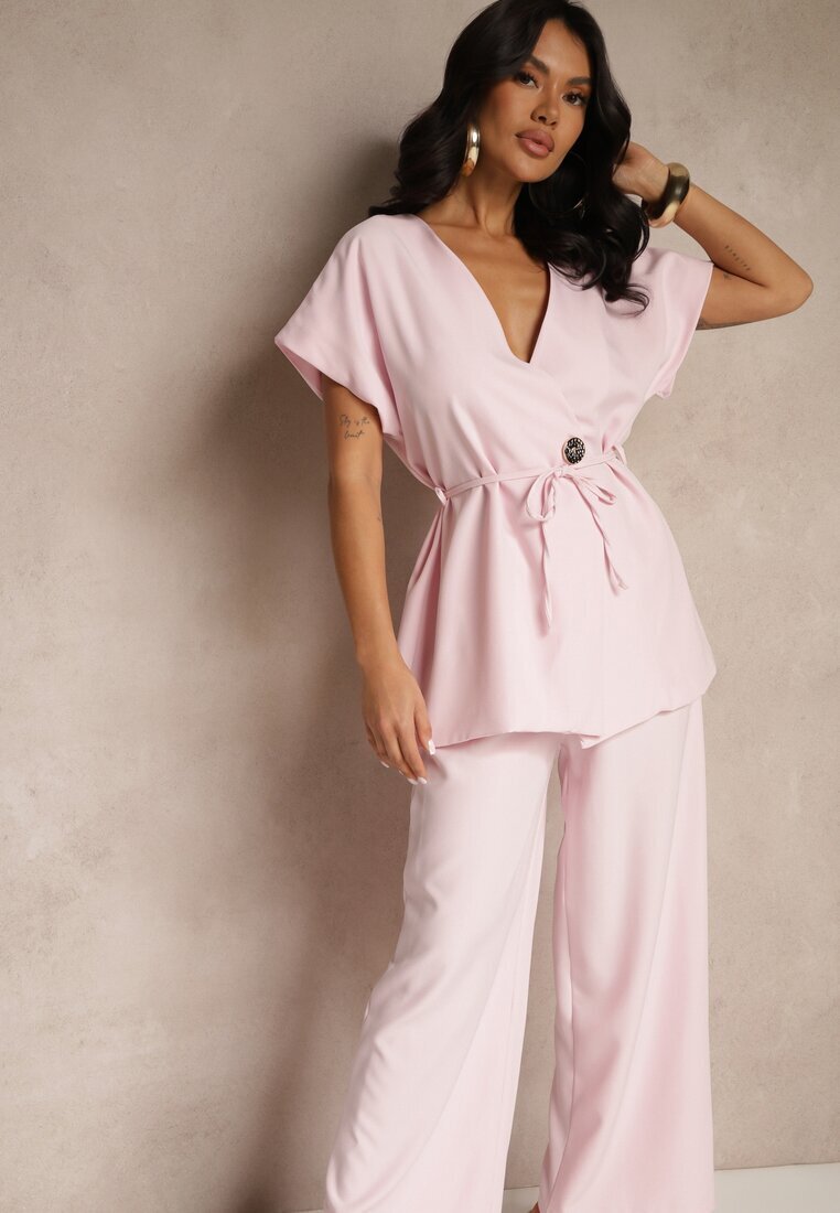 allyson Compleu De costum Roz Pantaloni Largi și Sacou cu Centură Solsedi