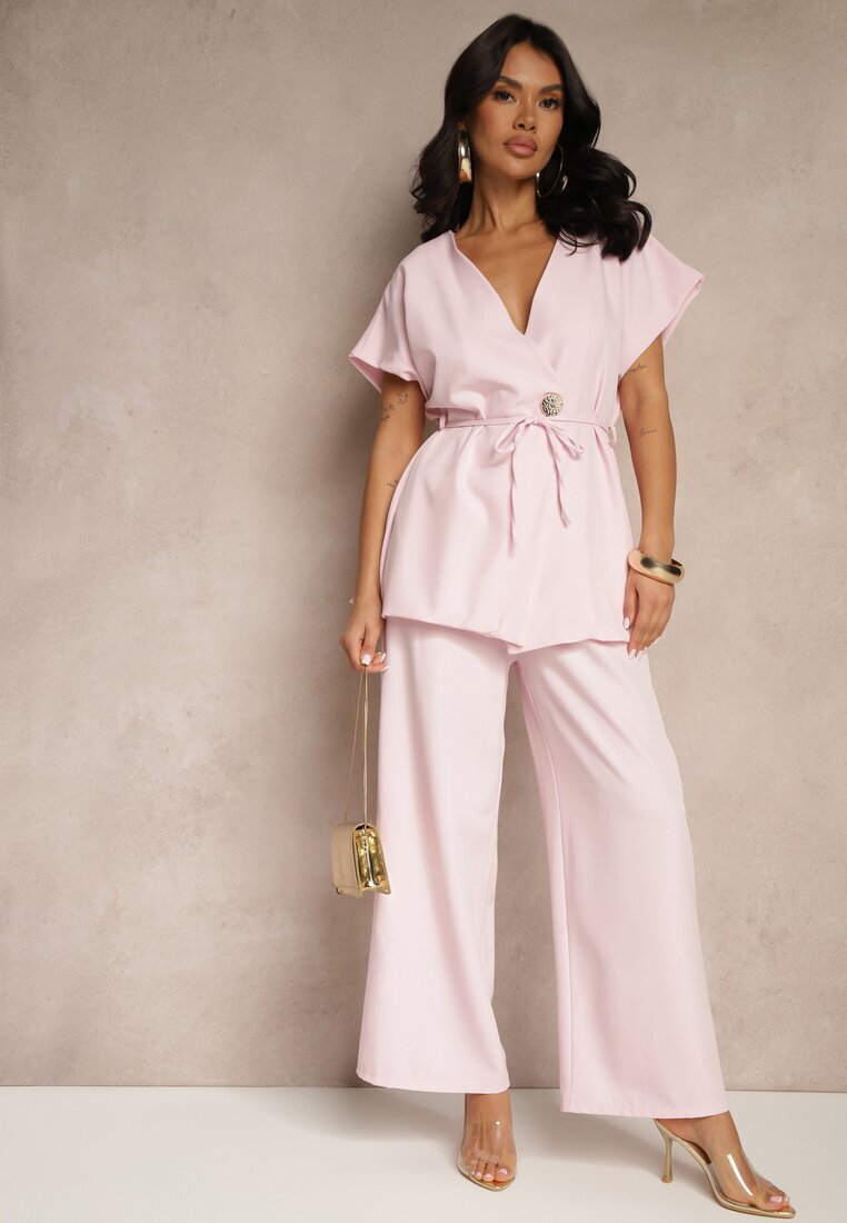 allyson Compleu De costum Roz Pantaloni Largi și Sacou cu Centură Solsedi