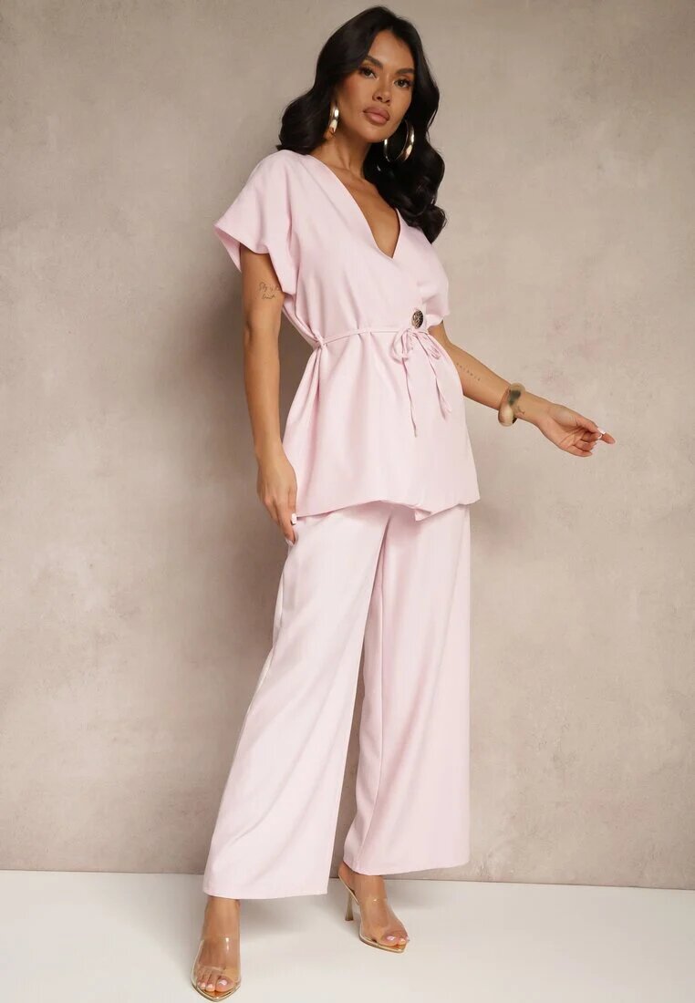 allyson Compleu De costum Roz Pantaloni Largi și Sacou cu Centură Solsedi