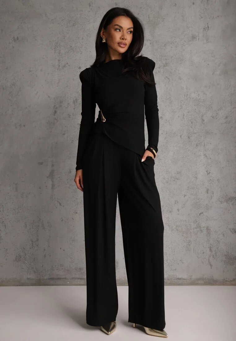 allyson Compleu Elegant Negru Pantaloni Wide Leg și Bluză cu Perne la Umeri Sewinea