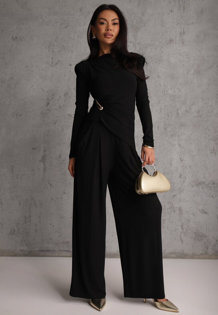 allyson Compleu Elegant Negru Pantaloni Wide Leg și Bluză cu Perne la Umeri Sewinea