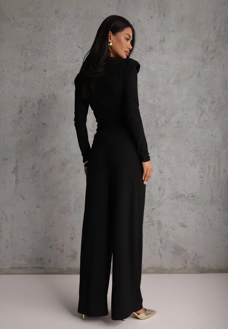 allyson Compleu Elegant Negru Pantaloni Wide Leg și Bluză cu Perne la Umeri Sewinea