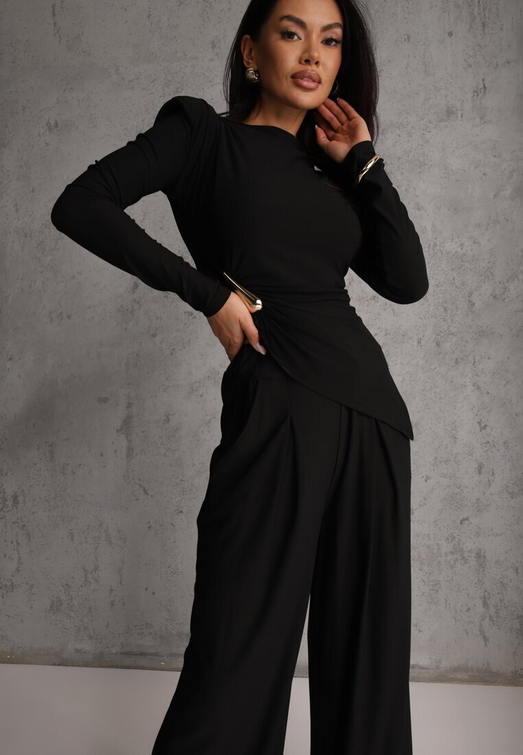 allyson Compleu Elegant Negru Pantaloni Wide Leg și Bluză cu Perne la Umeri Sewinea