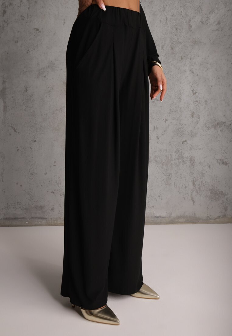allyson Compleu Elegant Negru Pantaloni Wide Leg și Bluză cu Perne la Umeri Sewinea