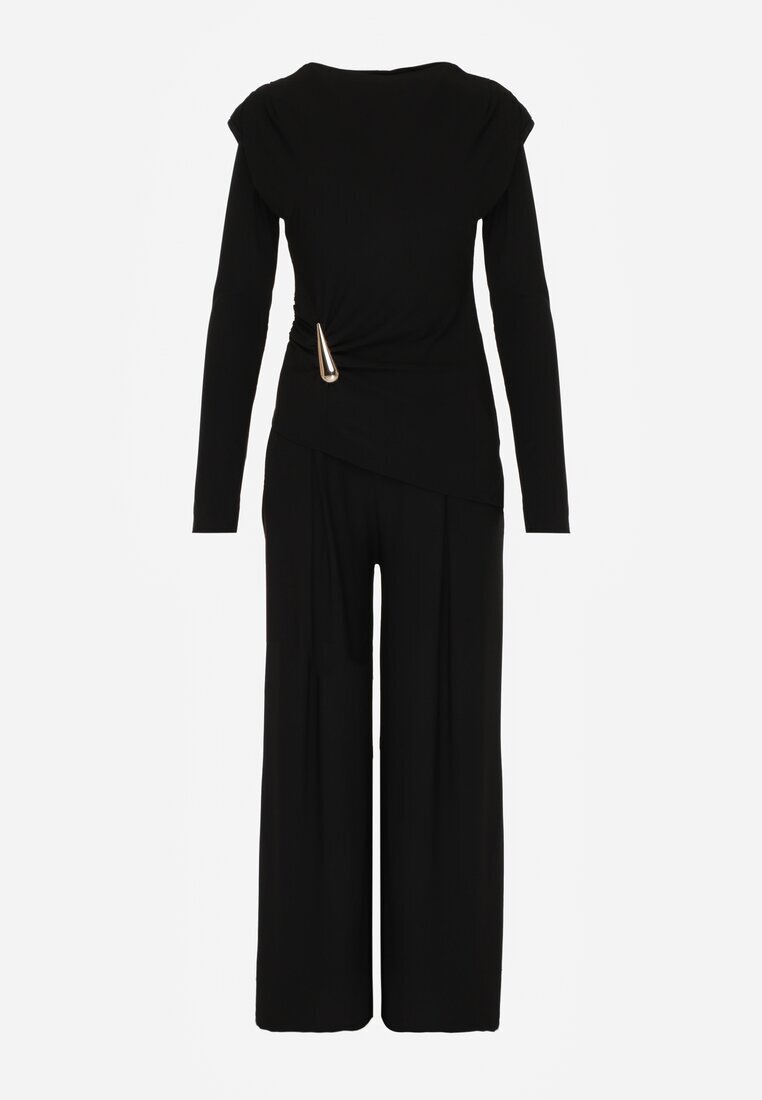 allyson Compleu Elegant Negru Pantaloni Wide Leg și Bluză cu Perne la Umeri Sewinea