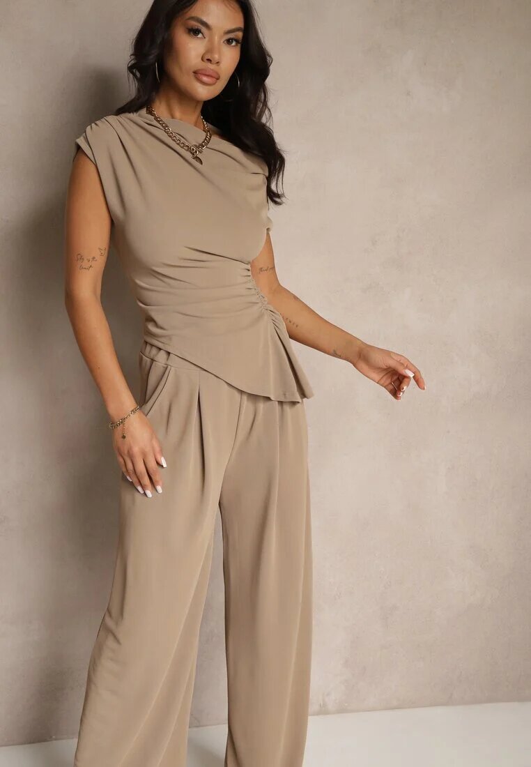 allyson Compleu Maro deschis Pantaloni cu croială largă și Bluză asimetrică cu drapaj Nitara