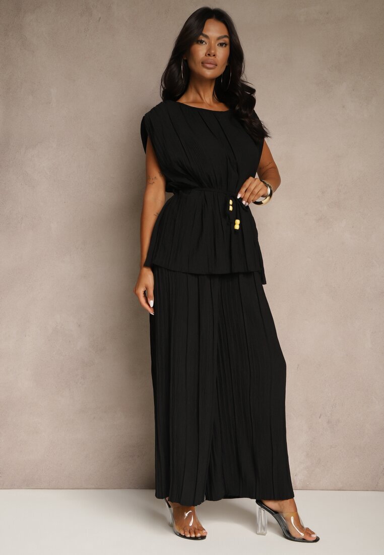 allyson Compleu Negru Decorat cu Pliuri Bluză cu Cordon Legat și Pantaloni Largi Gialle