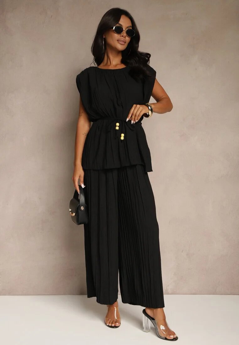 allyson Compleu Negru Decorat cu Pliuri Bluză cu Cordon Legat și Pantaloni Largi Gialle
