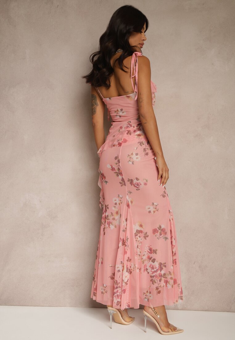 allyson Compleu Roz cu imprimeu floral fustă și top decorat cu volane și legătură Saraveira
