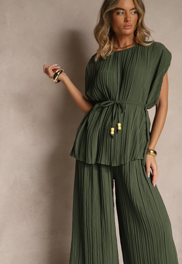 allyson Compleu Verde închis Pantaloni largi și Bluză cu umeri întăriți Nilamira