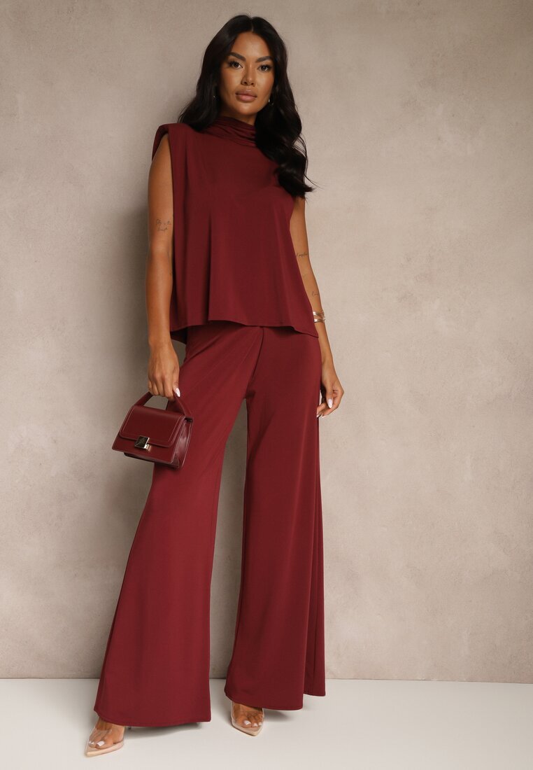 allyson Compleu Vișiniu Pantaloni cu Croială Largă și Bluză Decorată cu Legătură Halomia