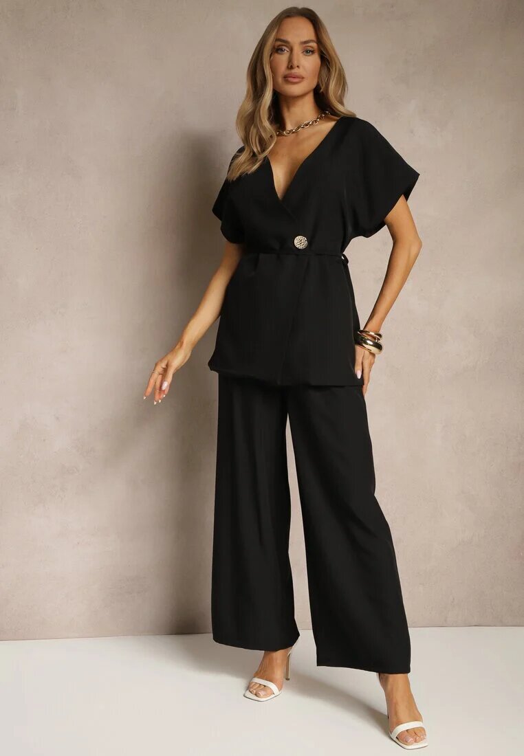 allyson Costum Negru Pantaloni Lărgi și Sacou cu Curea Solsedi