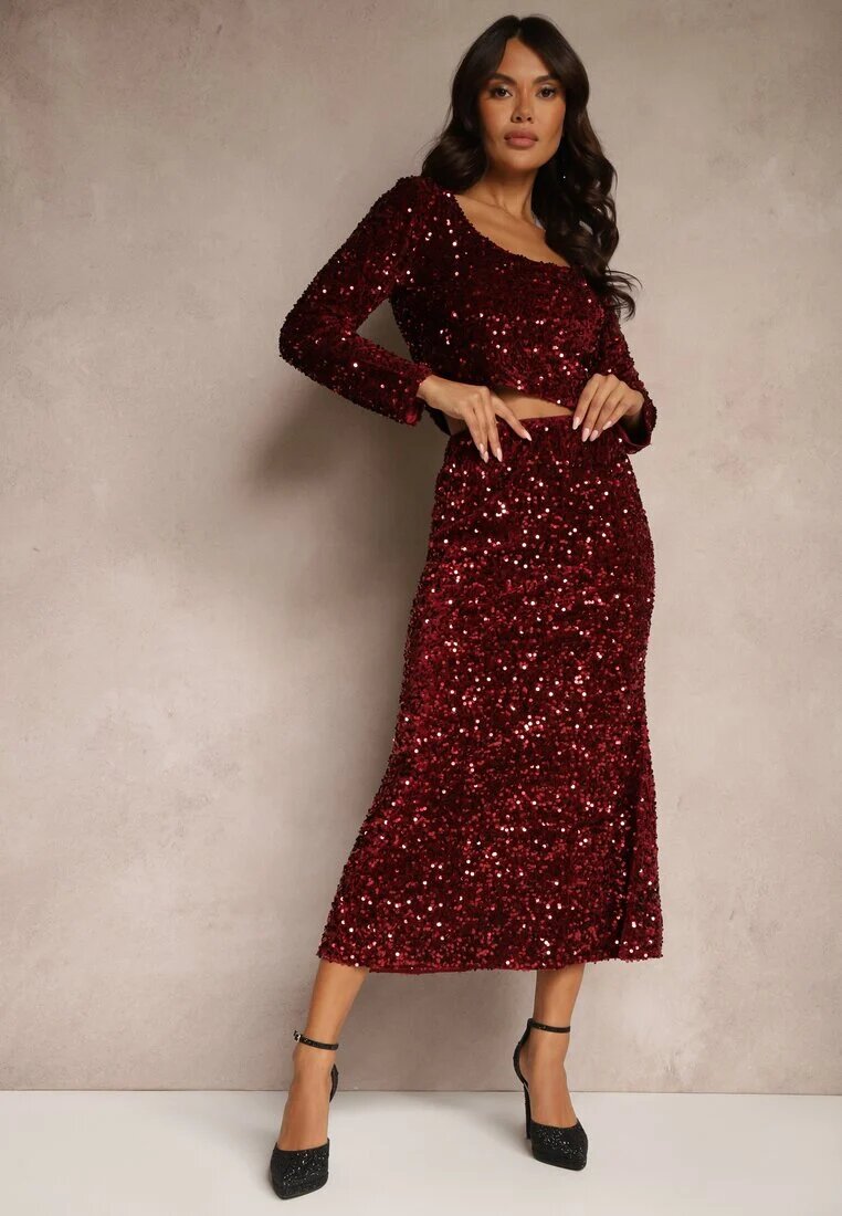 allyson Fustă Bordeaux cu paiete Stil cocktail Cu elastic în talie Berizola