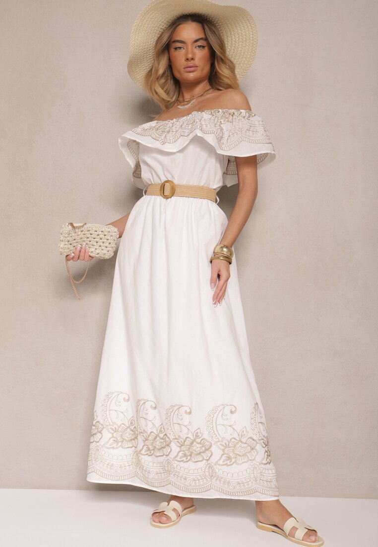 allyson Rochie Albă Boho cu croială spaniolă decorată cu broderie și curea cu cataramă Vallisca