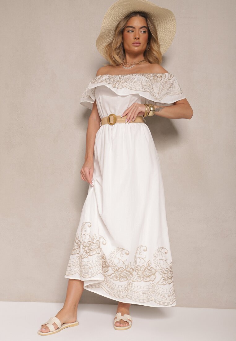 allyson Rochie Albă Boho cu croială spaniolă decorată cu broderie și curea cu cataramă Vallisca