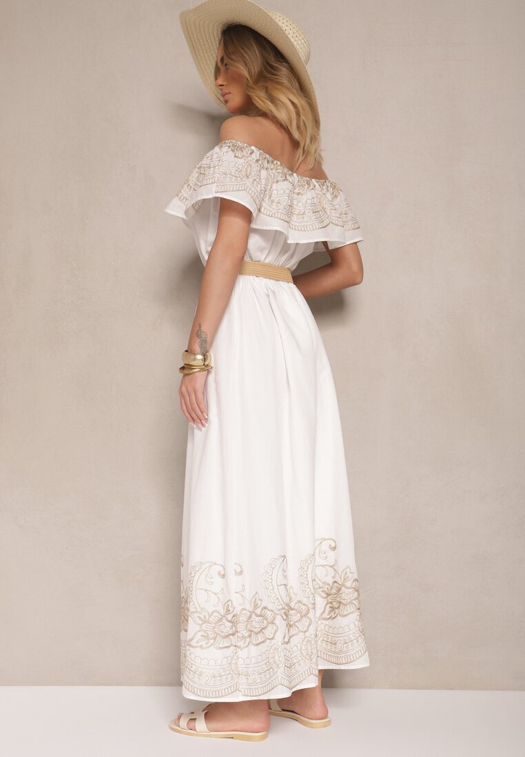 allyson Rochie Albă Boho cu croială spaniolă decorată cu broderie și curea cu cataramă Vallisca