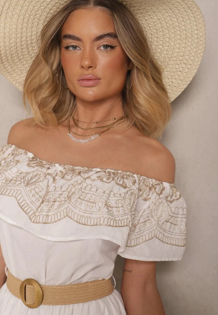 allyson Rochie Albă Boho cu croială spaniolă decorată cu broderie și curea cu cataramă Vallisca