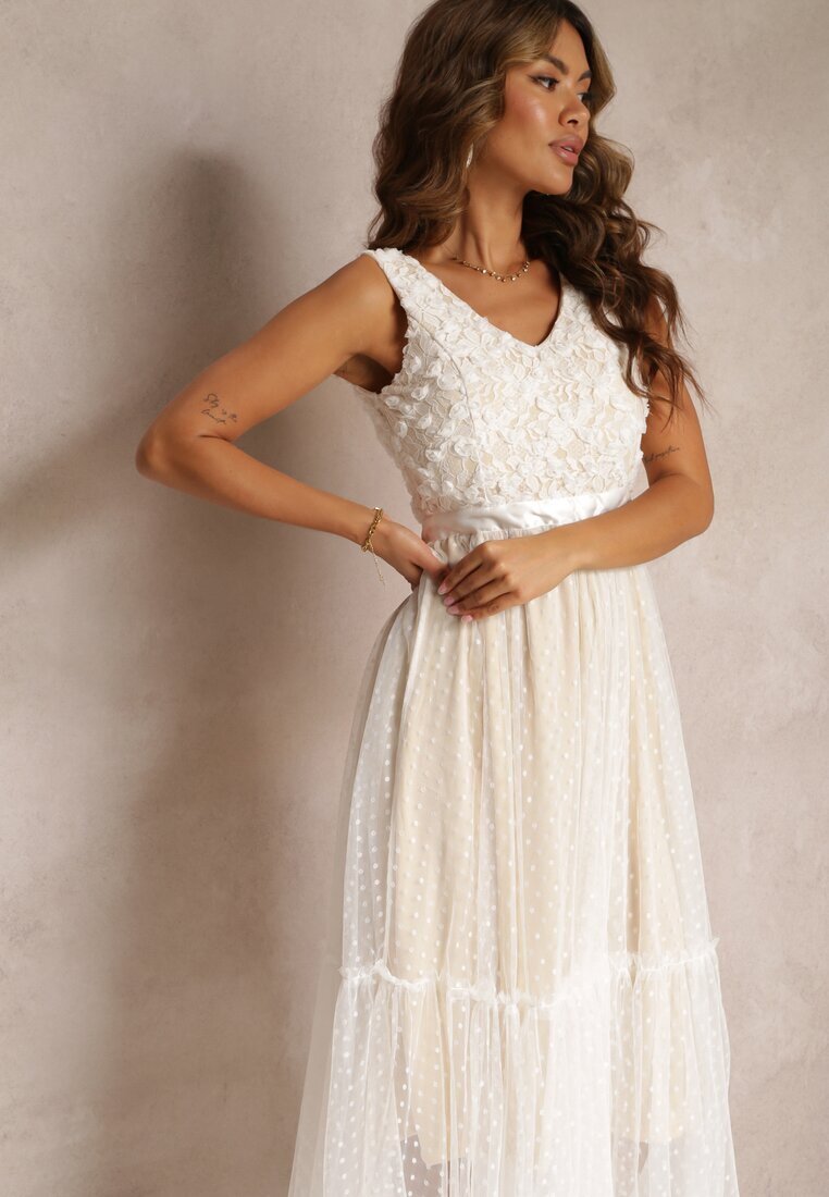 allyson Rochie Albă Cambrată Midi cu Plasă Decorativă Celerise