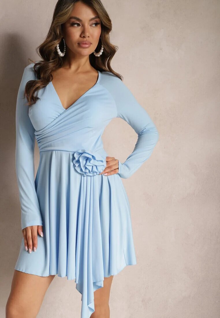 allyson Rochie Albastră Asimetrică cu Broșă Detașabilă în formă de Floare Incendia