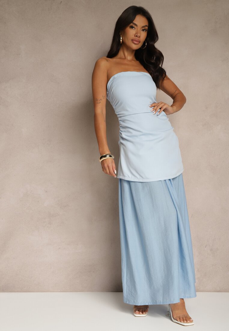 allyson Rochie Albastră de Cocktail cu Decolteu Bandeau Decorată cu Drapaj Folimmea