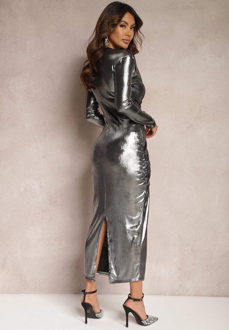 allyson Rochie Argintie Maxi cu Fir Metalic cu Drapaj și Crapatura Mistara