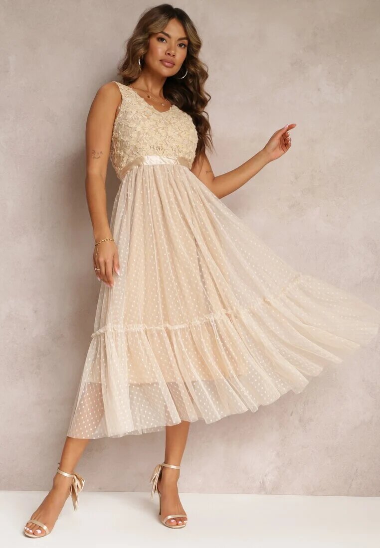 allyson Rochie bej cambrată midi cu plasă decorativă Celerise
