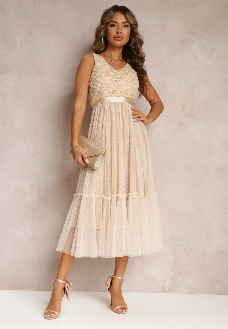 allyson Rochie bej cambrată midi cu plasă decorativă Celerise