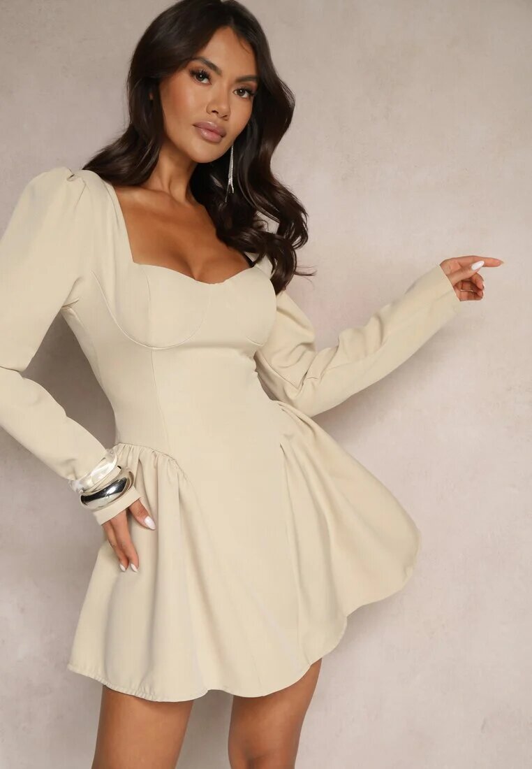 allyson Rochie Bej Cloș De Cocktail cu Top Corset și Volane Arisora