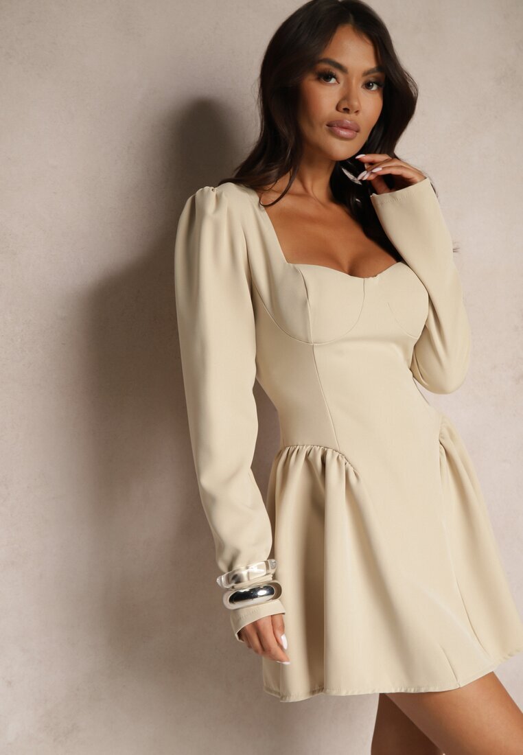 allyson Rochie Bej Cloș De Cocktail cu Top Corset și Volane Arisora