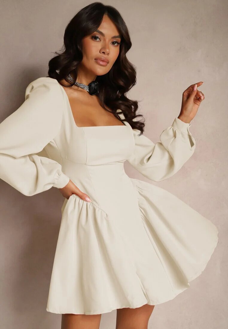 allyson Rochie bej corset cu fustă evazată și mâneci ample legată la spate Enariel
