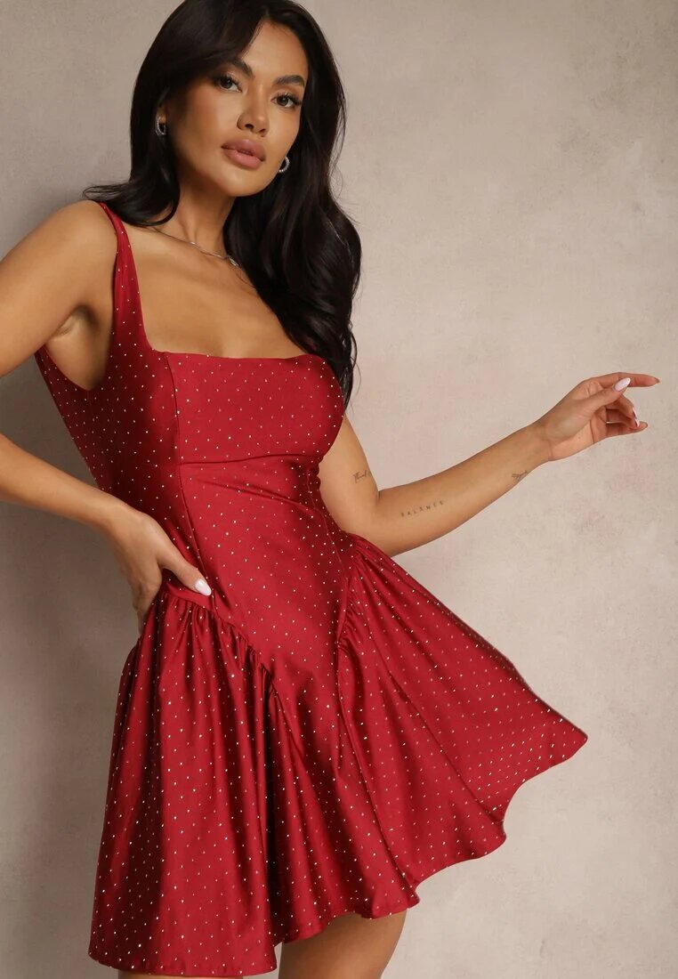 allyson Rochie Bordeaux Decorată cu Circonii cu Fundă și Cupe Întărite Jesaltia
