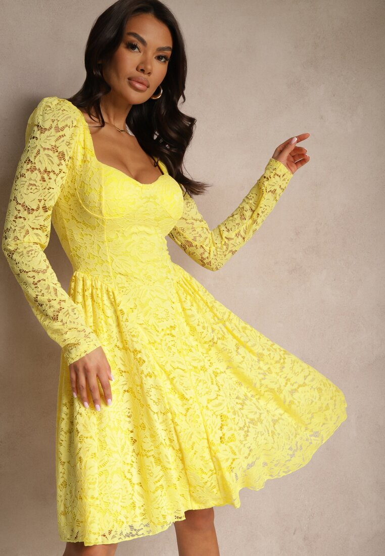 allyson Rochie Cambrată Galbenă din Dantelă cu Fustă Cloș Teladriela