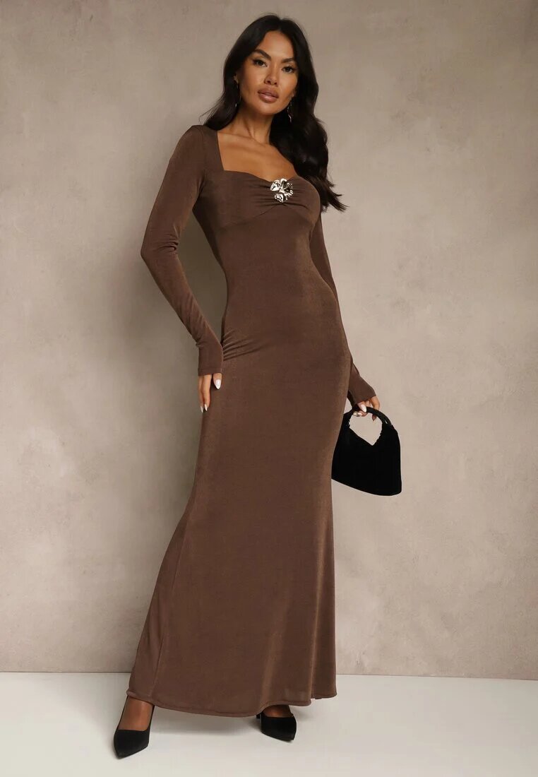 allyson Rochie cambrată maro de cocktail Lonsgleeve cu aplicație elegantă Idirena
